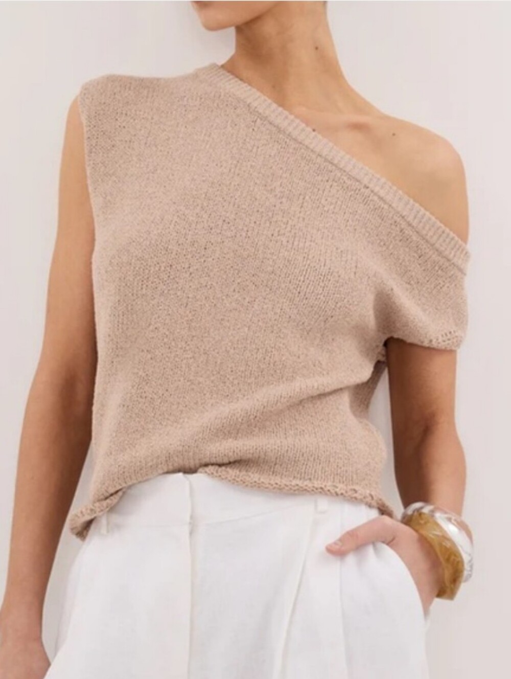 DISSH - Kerry Assymetrical Knit Top - Off-Shoulder-Tan-Women's XXL